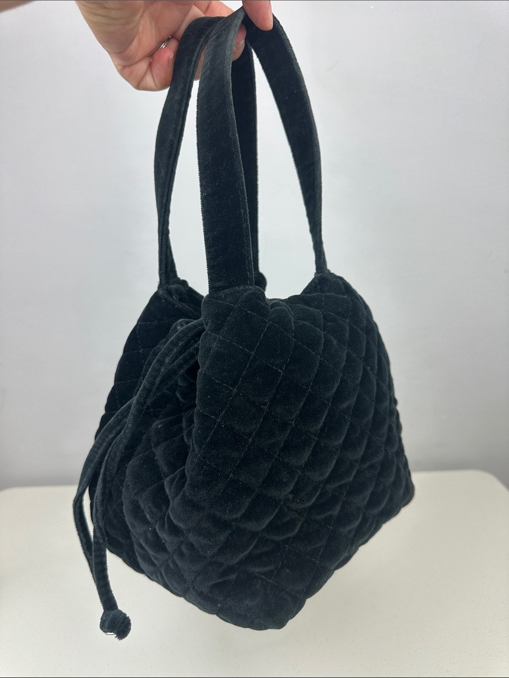 Gap Black Quilted Velvet Drawstring Bucket Bag